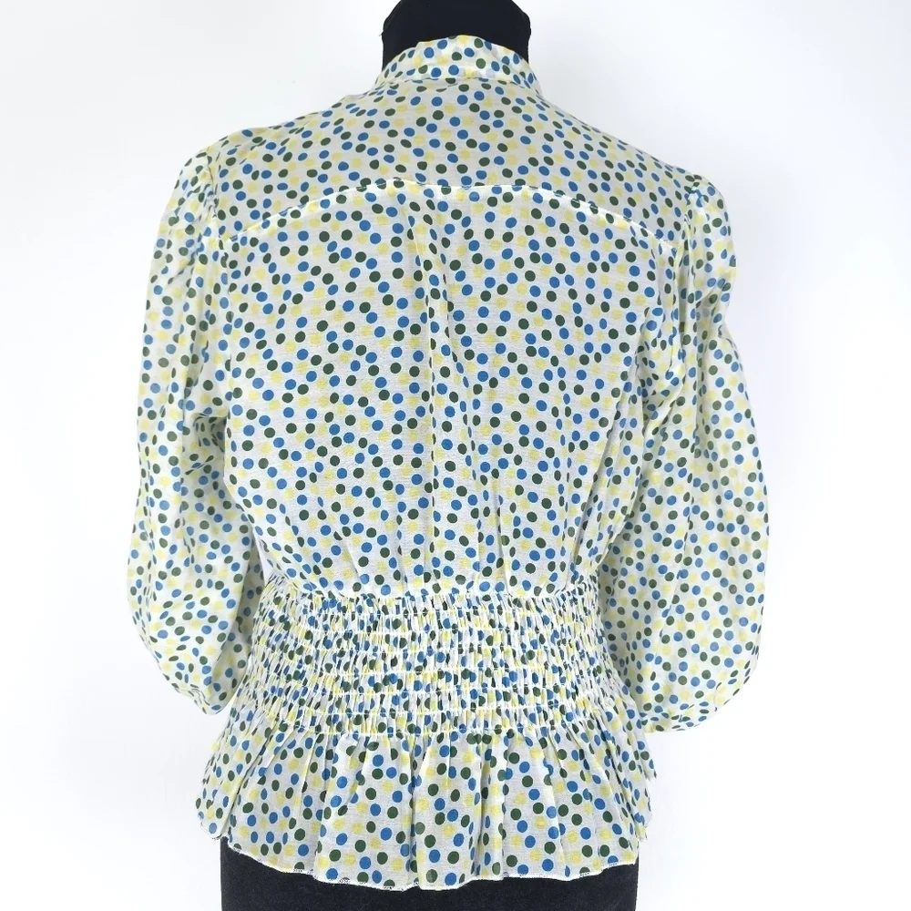 Gracia Silk Cotton Blend Gathered Waist Polkadot Light weight Blouse Small